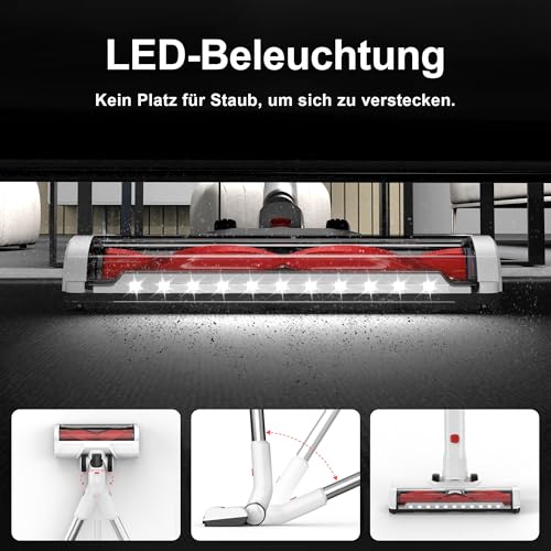 Syntecno Akku Staubsauger Kabellos Vacuum Cleaner - 3-In-1 Akkustaubsauger Kabelloser Weiß Akkusauger Cordless mit Licht Stabstaubsauger ohne Kabel mit Display für Tierhaare Teppiche Hartböden Auto