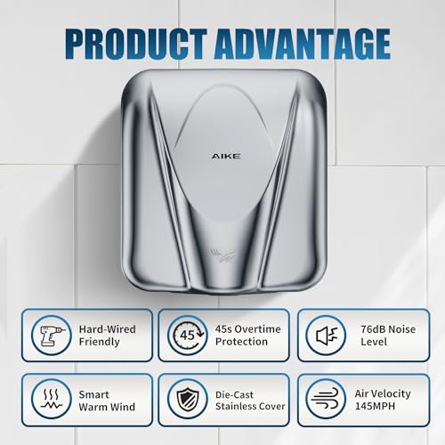 AIKE Elephant Power Commercial Hand Dryer High Speed Auto Warm Wind, Polished Stainless Steel Cover AC110V-130V Model AK2812