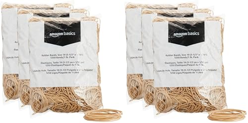 Image of Amazon Basics Rubber Bands, Office Supplies, Size 19 (3-1 /2 x 1 /16 Inch), Stretchy, 1250 Bands /1 lb. Pack, 6-Pack, Tan