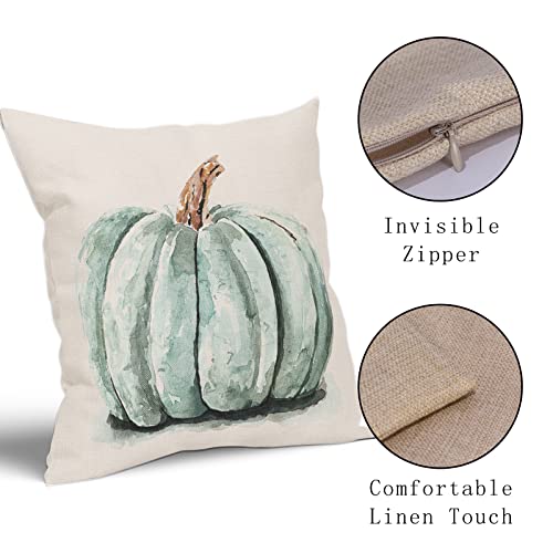 Fall Pumpkin Pillow Covers 18X18 Inch Autumn Thanksgiving Teal Watercolor Pumpkin Throw Pillow Covers Rustic Linen Square Cushion Covers For Couch Sofa Bedroom Livingroom Patio (Pack Of 2) #TOP2