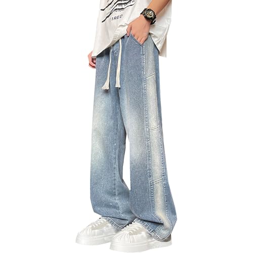 Viatabuna Big Boys Casual Straight Leg Baggy Jeans Elastic Waist Y2k Pull On Wide Leg Jeans Teen Boys with Pockets 13-17 Y