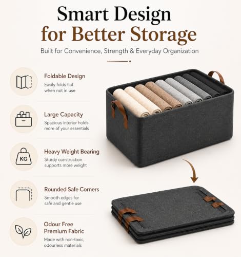 Image of JD FRESH 1 Pc Large Foldable Storage Box and Organiser with Steel Frame /Woven Fabric Clothes Organiser with Handle /Wardrobe Organizer for Storage /Almirah Organizer for Shirts /Jeans /Sweater (Grey)