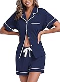EA'S SECRET Womens Pajamas Set 100% Cotton Soft Short Sleeve Sleepwear Button Down Nightwear Summer Pj Sets S-XXL(Navy Blue,M)