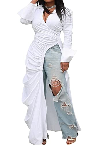 Choichic Women's Deep V Neck Ruched Long Sleeve Side Split High Low Irregular Hem Top Tunic Blouse Long Shirt Dress