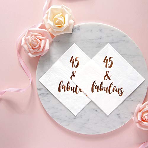 45 & Fabulous Cocktail Napkins, 50-Pack 3ply White Rose Gold 45th Birthday Dinner Celebration Party Decoration Napkin