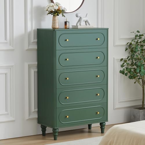 5 Drawer Fluted Dresser for Bedroom, Mid Century Modern Chest of Drawers, Wood Storage Large Dresser Organizer for Bedroom Living Room Hallway Closet, Green