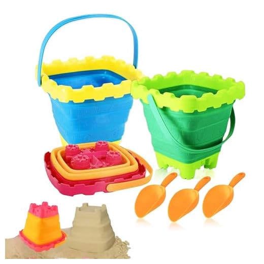 6PCS Collapsible Sand Buckets and Shovels Foldable Beach Buckets with Handle Silicone Sand Buckets Silicone Collapsible Bucket