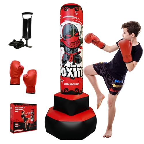 COMMOUDS 67inch Punching Bag for Kids, Inflatable Kids Boxing Set with Gloves, Fast Rebound Punching Bag for Practicing Karate, Taekwondo, MMA, Christmas/Birthday Gift for Boys Girls, Ages 6-14 (Red)