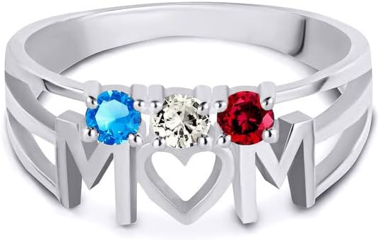 Claddagh Gold Personalized .925 Sterling Silver Mix-and-Match Mom's Love Heart Ring with 3 CZ Birthstones - Choice of Birthstone/Ring Size