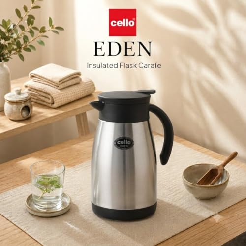 Image of CELLO Eden Stainless Steel Tea Coffee Carafe with Press and Pour Lid 800 ml, Silver | Wide Mouth Easy to Fill & Clean, Double Wall Vacuum Insulated Hot & Cold Flask Carafe For Kitchen, Travel & Office