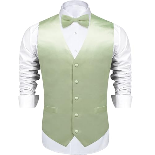 DiBanGu Mens Satin Vest and Bowtie Lapel Pin Set for Suit or Tuxedo,Solid Dress Waistcoat & Pre-tied Bowtie for Wedding Party, Sage Green, Medium2