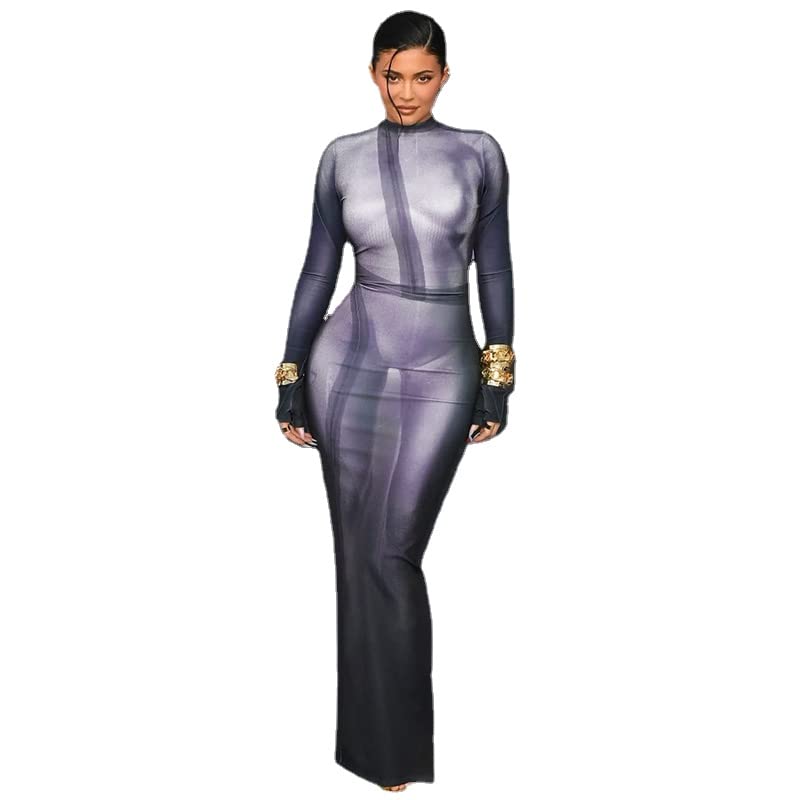 heyheyshineY2K 3D Body Print Maxi Dress Women Aesthetic Long Sleeve Unique Sexy Body-Shaping Robe Party Clubwear Clothing