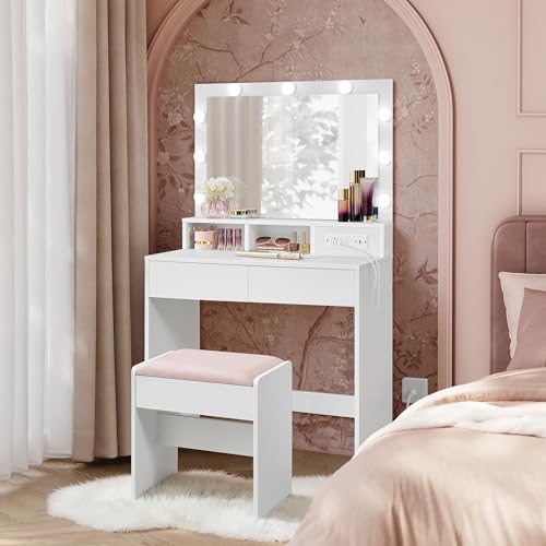 VASAGLE Vanity Desk with Power Outlets, Makeup Vanity with Mirror and Lights, with Upholstered Vanity Stool, 9 Dimmable LED Lights, 2 Compartments, 2 Drawers, for Bedroom, Cloud White URDT029W01