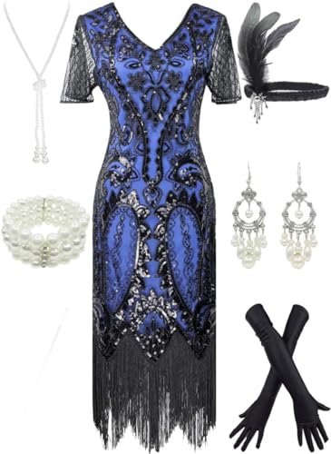 Image of Women 1920s Gatsby Vintage Sequin Flapper Fringe Party Plus Dress with 20s Accessories Set
