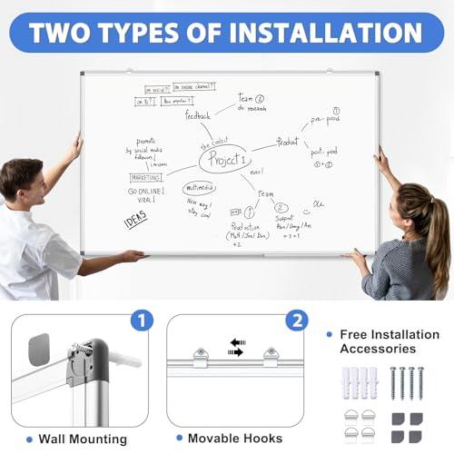 Image of WALGLASS Large White Board 48x36 Double-Sided Dry Erase Magnetic for Wall | 11-Layer, Aluminum Frame, Smooth Write & Clean, Wall Mount & Hanging, Full Accessories for Home, Office, School