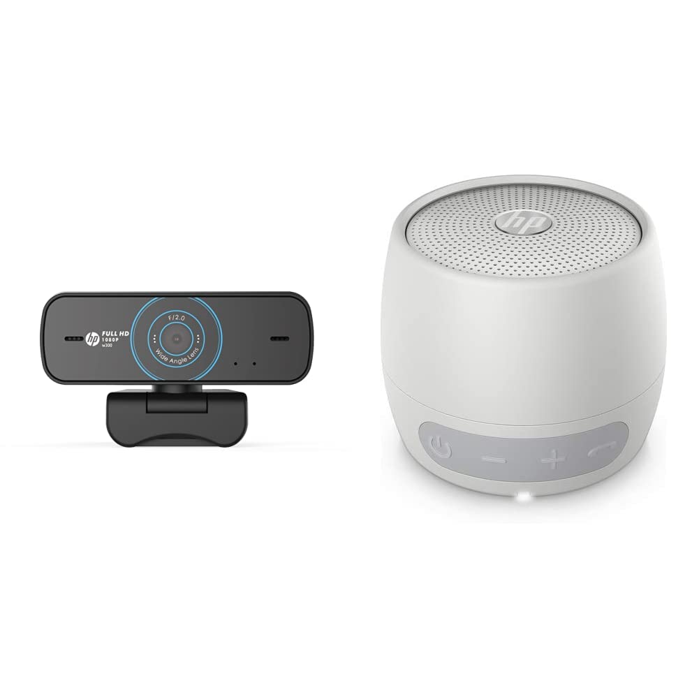 HP w300 1080P 30 FPS FHD Webcam with Built-in Dual Digital Mic, Plug and Play Setup, Zoom,Black & 360 Mono Portable Silver Bluetooth Speaker with Built-in Microphone Ip54 Dust and Water Resistance