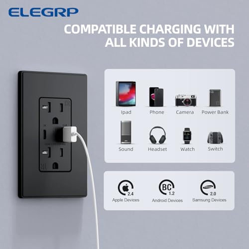 Sortie noire 4,2 A ELEGRP lot de 6 réceptacles muraux pour charge rapide