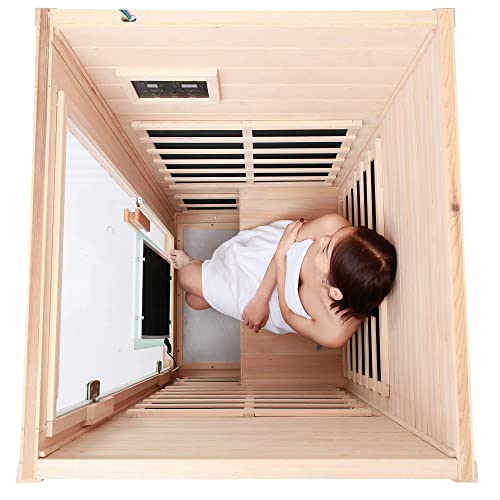 Far Infrared Wooden Sauna Room, 1-Person Size, with 1350W, 8 Low EMF Heaters, 10 Minutes Pre-Warm up, Time and Temp Pre-Set, 2 Bluetooth Speakers, 1 LED Reading Lamp and Clothing Hanging Rod - Image 6