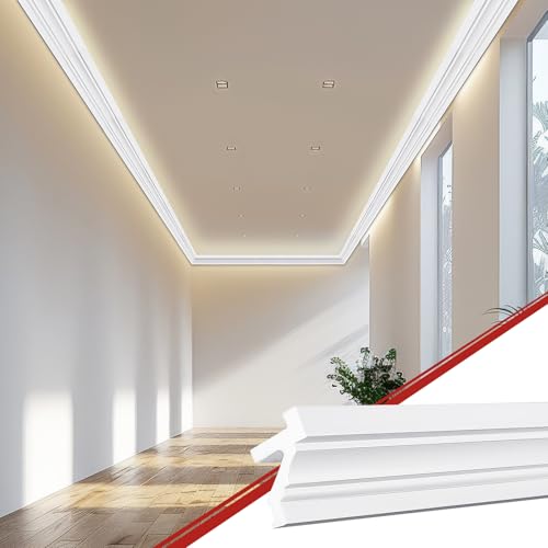Image of Pushglossy 9 Pcs 47.24″(Total 35.4 Ft) Ceiling Crown Molding with LED Duct Kit for Seamless Ambient Accent Lighting Waterproof Channel for Easy LED Trim Moulding Strip Installation(Upper Groove)