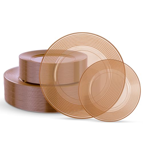 FLOWERCAT 100PCS Clear Brown Plastic Plates - Heavy Duty Plastic Plates Disposable for party &Wedding - Serve for 50Guests party (10inch & 7inch)(Mocha Mousse)