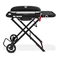 Weber Traveler® Portable Gas Grill (Liquid Propane) for Outdoor Cooking – Black, Porcelain-Enameled Lid, Side Table, Folding Portable Grill with Wheels for Camping, Tailgating & Travel