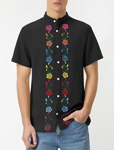 ABAFIP Men's Floral Mexican Shirt Short Sleeve Embroidered Button Up Fiesta Traditional Cuban Shirts2