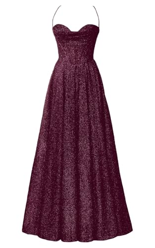 Sparkly Tulle Prom Dresses for Women with Slit Cowl Neck Corset Long Formal Evening Gown with Pockets