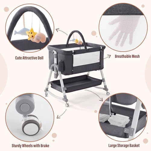 Jaoul 4 in 1 Baby Bassinet Bedside Sleeper Baby Crib, Adjustable Cosleeper for Baby, Easy Folding Portable Baby Bed Rocking Bassinets with Comfy Mattress Mosquito Net Storage for Infant Newborn Gray