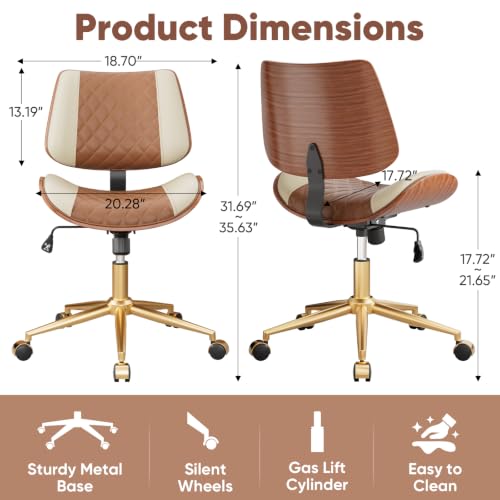 Image of Armless Office Chair with Back, Mid Century Modern Small Desk Chair, No Arms Leather Computer Chair for Home Office, Swivel Vanity Chair, Rolling, Adjustable Height (Brown+Beige)