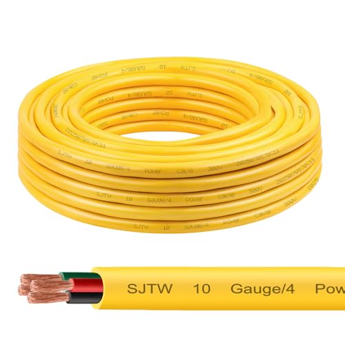 10/4 SJTW Yellow Wire 20 Feet - 10 AWG 4 Conductor SJTW Cable with UV-Resistant Jacket for Motor Leads Battery Chargers and Machine - 20 ft Electrical Wire