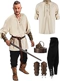 Jiuguva 4 Pcs Halloween Men's Renaissance Costume Set Medieval Pirate Shirt Ankle Banded Pants Viking Belt Accessories (Classic Color,Large)