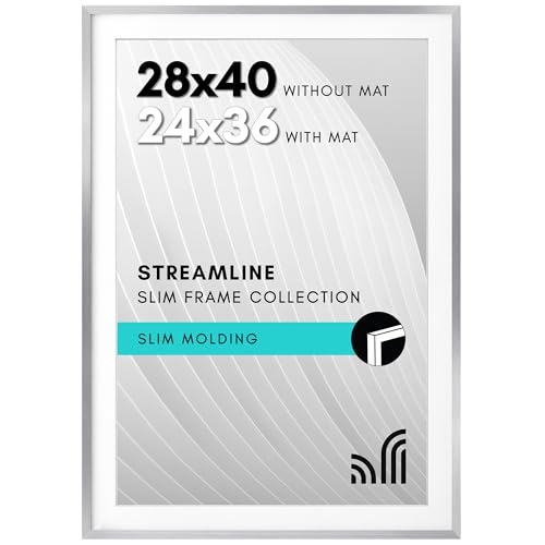 Americanflat 28x40 Poster Frame - Matted to 24x36 - Slim Molding - Silver