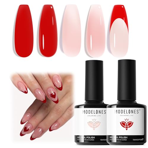 modelones French Tip Gel Nail Polish, 2Pcs 15ML Red Jelly Nude