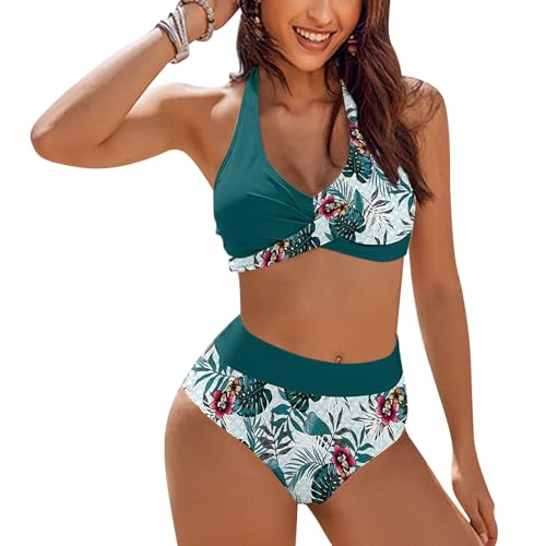 MLPKOI Conjuntos De Bikinis para Mujer Push Up Bañador Halter Estampado Floral Cuello en V Dos Piezas Cintura Alta Bikini Talla Grande Bañador Vacaciones