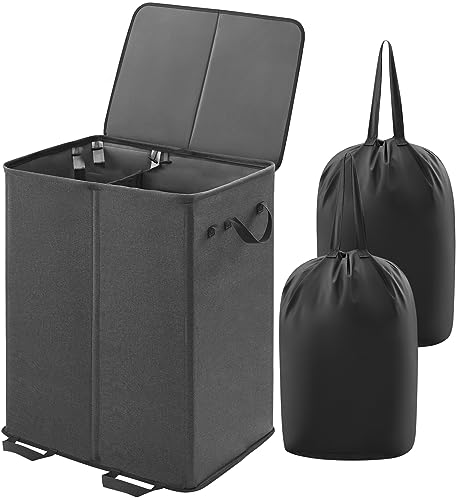 Image of Lifewit Double Laundry Hamper with Lid and Removable Laundry Bags, Large Collapsible 2 Dividers Dirty Clothes Basket with Handles for Bedroom, Laundry Room, Closet, Bathroom, College, Black