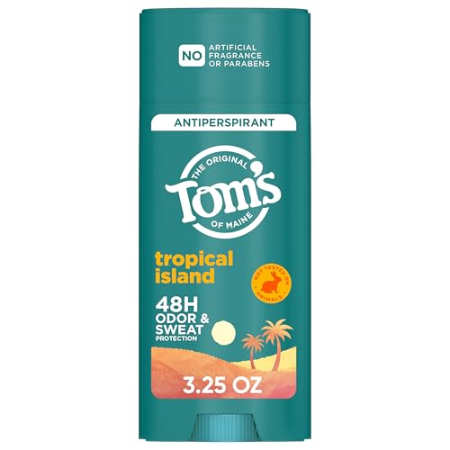 Toms of Maine Tropical Island Antiperspirant for Men and Women No Artificial Fragrances Dyes or Preservatives Baking Soda Free 48-Hour Odor and Sweat Protection 3.25 oz