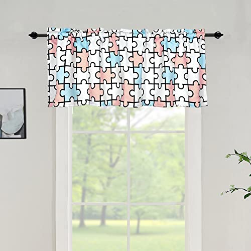 Valances For Kids Bedroom Windows - Rod Pocket Jigsaw Puzzles Geometic Printed Short Curtain Valances For Baby Nursery Toddler Boy/Girls/Childs/Kindergarten/Playroom/Toy Room 1 Panel 52 X 18 Blue Pink #TOP1
