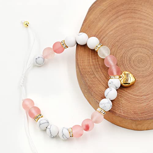 Image of Uloveido Natural Stone Mom Heart Charms Beaded Bracelets for Mum from Son or Daughter With Massage Card and Box | Mothers Day Jewelry Gifts