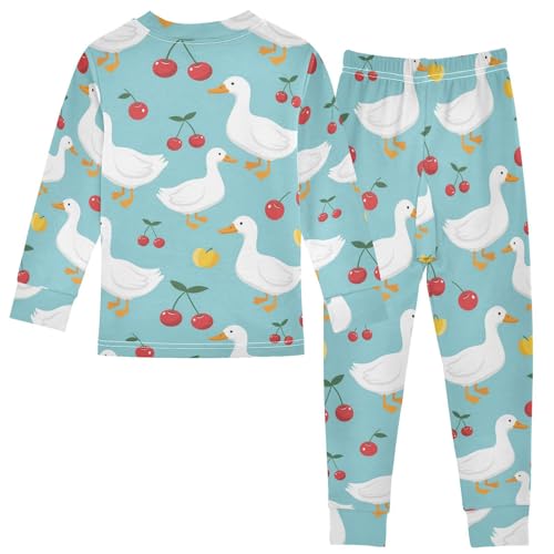 Pajama Sets Long Sleeve Ducks Cherries Apples Blue Background Soft Comfy Sleepwear 2 Piece PJS 3-8T3