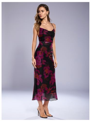 Image of SOLY HUX Women's Floral Mesh Bodycon Cami Dress Cowl Neck Sleeveless Cocktail Party Wedding Guest Long Maxi Dresses