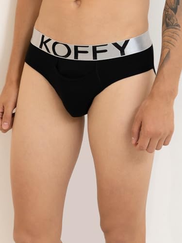 Image of KOFFY Men's Premium Cotton Lycra Brief with Minus Cutting Pouch| Silver Metallic Elastic| 4 Way Stretch| Wrinkle Free| Pack of 1