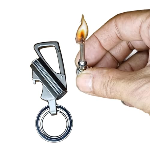 W-Lynn Allumette permanente, Briquet Porte-clés Allumette en métal, Briquet Allumette en métal à Silex extérieur réutilisable, Cadeau pour Les Amateurs de Survie en Plein air (Color : Black)