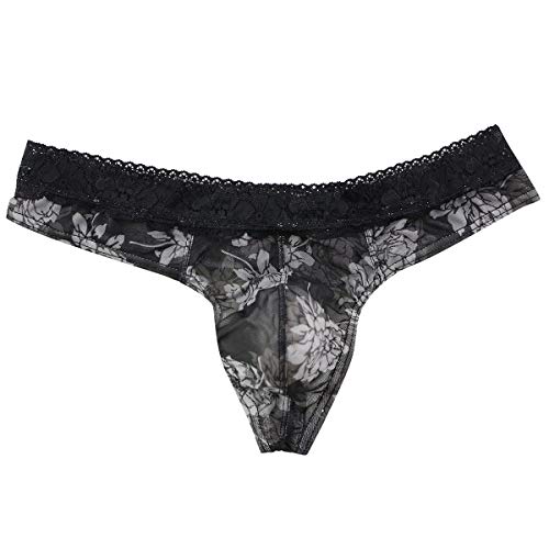IBAKOM Men's Lingerie Lace Floral Print Sissy Thong Panty Mesh G-string Briefs Crossdress Underpants