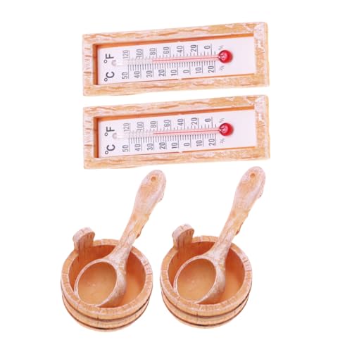 JOINPAYA 2 Juegos Accesorios Miniatura para Sauna de Casita de Muñecas Kit con Termómetro y Cubo de Resina Decoración para Escena de Verano y SPA para Proyectos DIY y Ambientación de