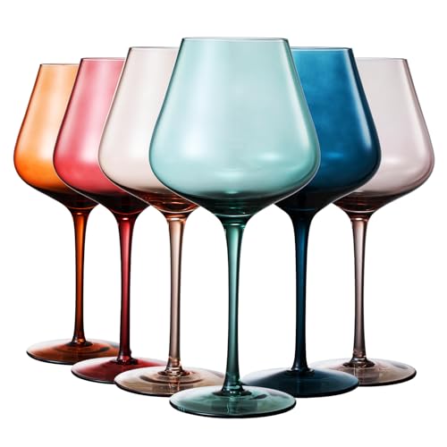 Beautiful Colored Wine Glasses | Set of 6 | Crystal, Large 20oz - Stemmed Goblet Drinking Cups,...