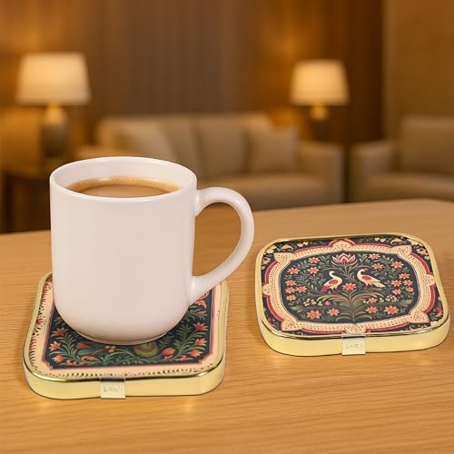 Image of Rousrie Stylist Modern Wooden Coasters with Golden Border | Set of 6 | Stand Included Premium Handmade Coaster for Tea Cups, Coffee Mugs, Beer Mugs, 10 by 10 cm (Madhubani Pattern)