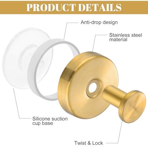 Image of Suction Cup Hooks, 4 Pack Gold Stainless Steel Suction Hooks for Shower | No-Drill, Reusable Removable, Towel Hook Holders for Bathroom Kitchen, For Smooth Surfaces Like Tile, Glass, Mirror