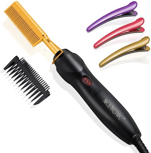 NICEMOVIC Ceramic Heating Hair Straightener Comb - Hot Pressing Brush for Natural Black Hair, Beard Wigs, and Curling (Gold)