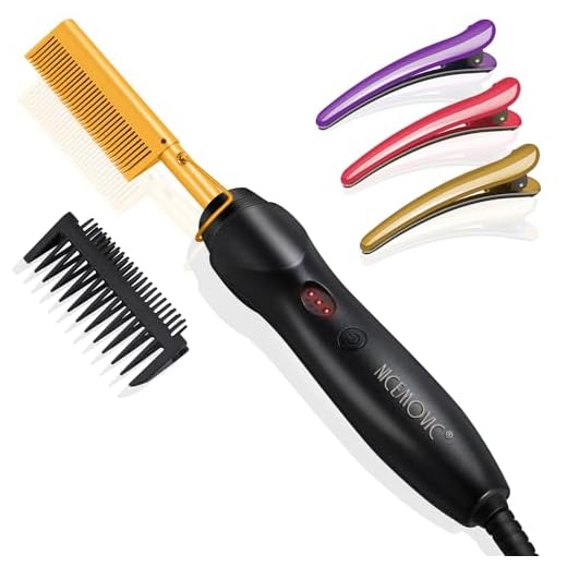 Hot Comb Electric Heating Comb, NICEMOVIC Ceramic Heat Pressing Comb Brush Hair Straightener Hot Comb, Curling Hair Straightening Comb for Natural Black Hair Beard Wigs(Gold)
