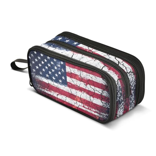 Image of Retro American Flag Pencil Case Box Boys Girls Large Pencil Pouch Zipper Compartments Big Capacity Stationery Pen Bag Organizer for Kids Teens Adults School Office